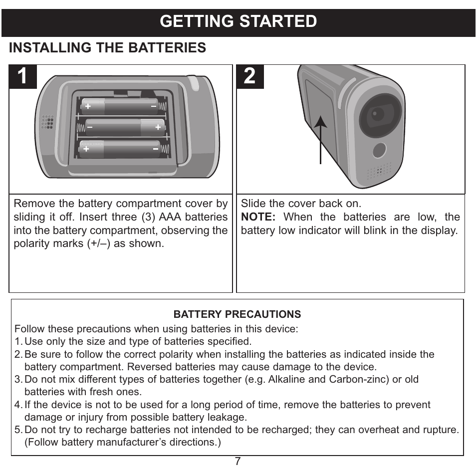 Getting started, Installing the batteries | Memorex MCC215 User Manual | Page 8 / 48