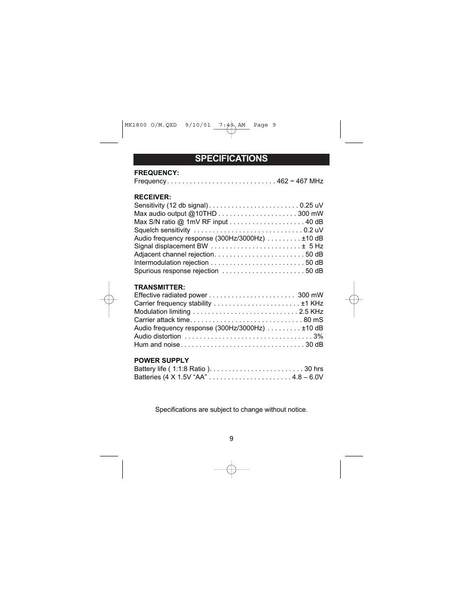Specifications | Memorex MK1800 User Manual | Page 10 / 12