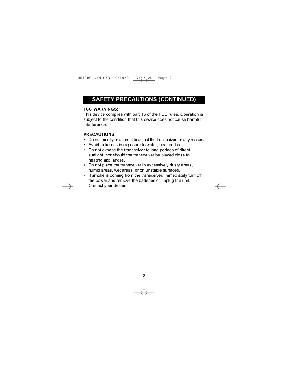 Safety precautions (continued) | Memorex MK1800 User Manual | Page 3 / 12