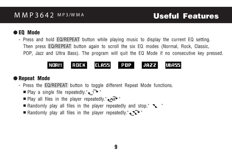 Useful features, M m p 3 6 4 2 | Memorex MMP3642 User Manual | Page 12 / 25