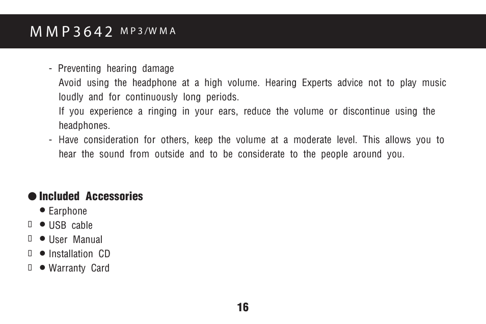 M m p 3 6 4 2, Included accessories | Memorex MMP3642 User Manual | Page 19 / 25