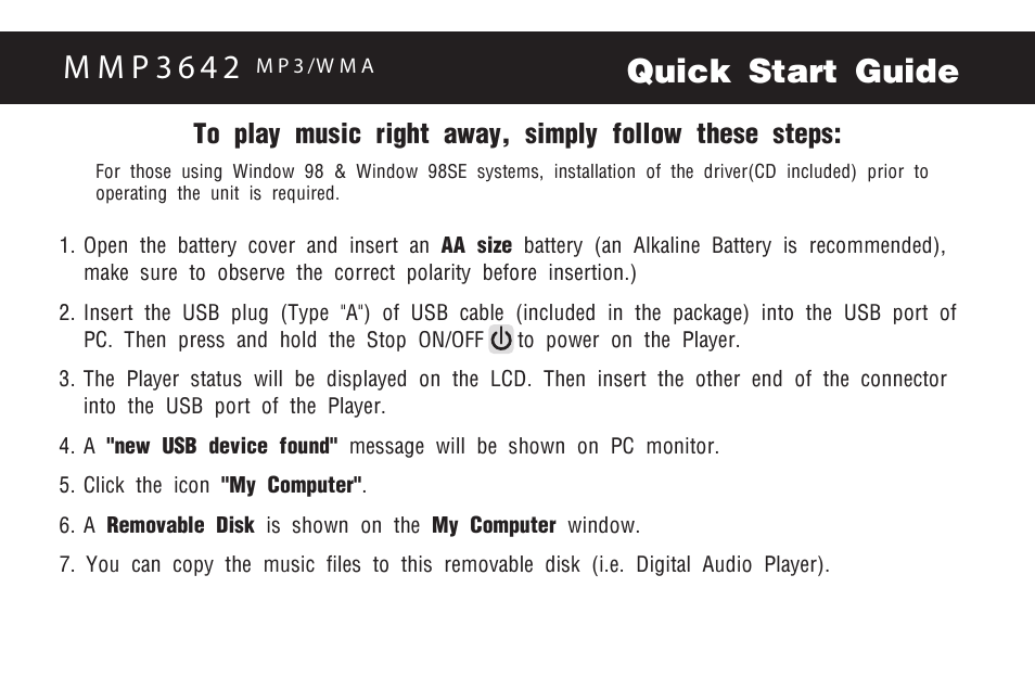 Quick start guide, M m p 3 6 4 2 | Memorex MMP3642 User Manual | Page 2 / 25