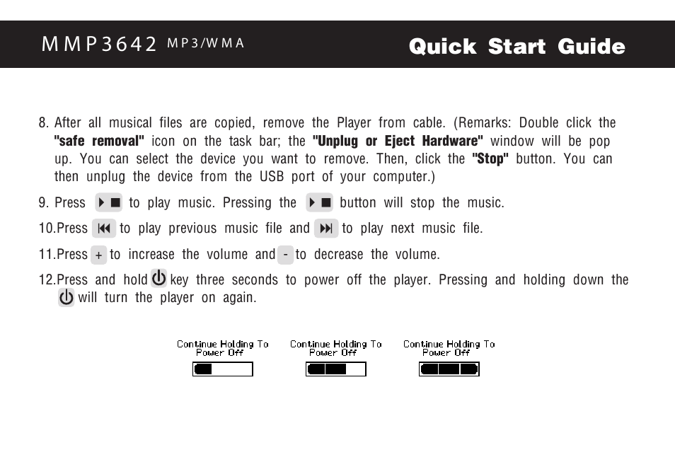 Quick start guide, M m p 3 6 4 2 | Memorex MMP3642 User Manual | Page 3 / 25