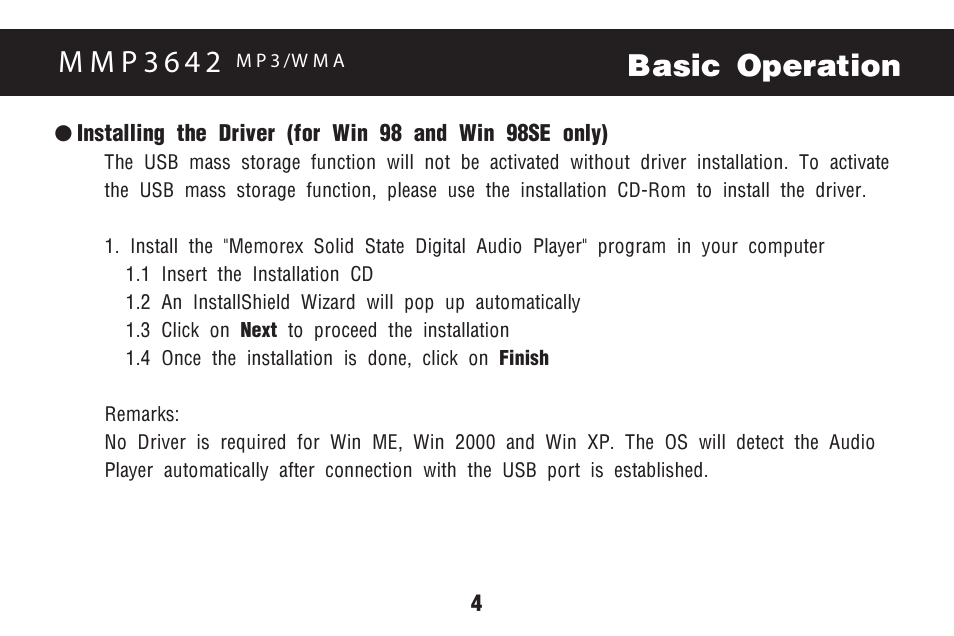 Basic operation, M m p 3 6 4 2 | Memorex MMP3642 User Manual | Page 7 / 25