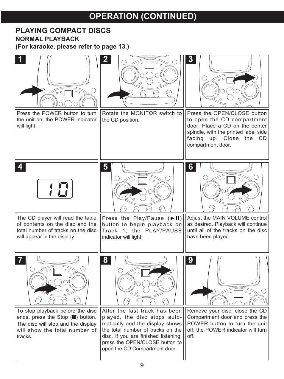 Operation (continued), Playing compact discs | Memorex MKS8506 User Manual | Page 10 / 18