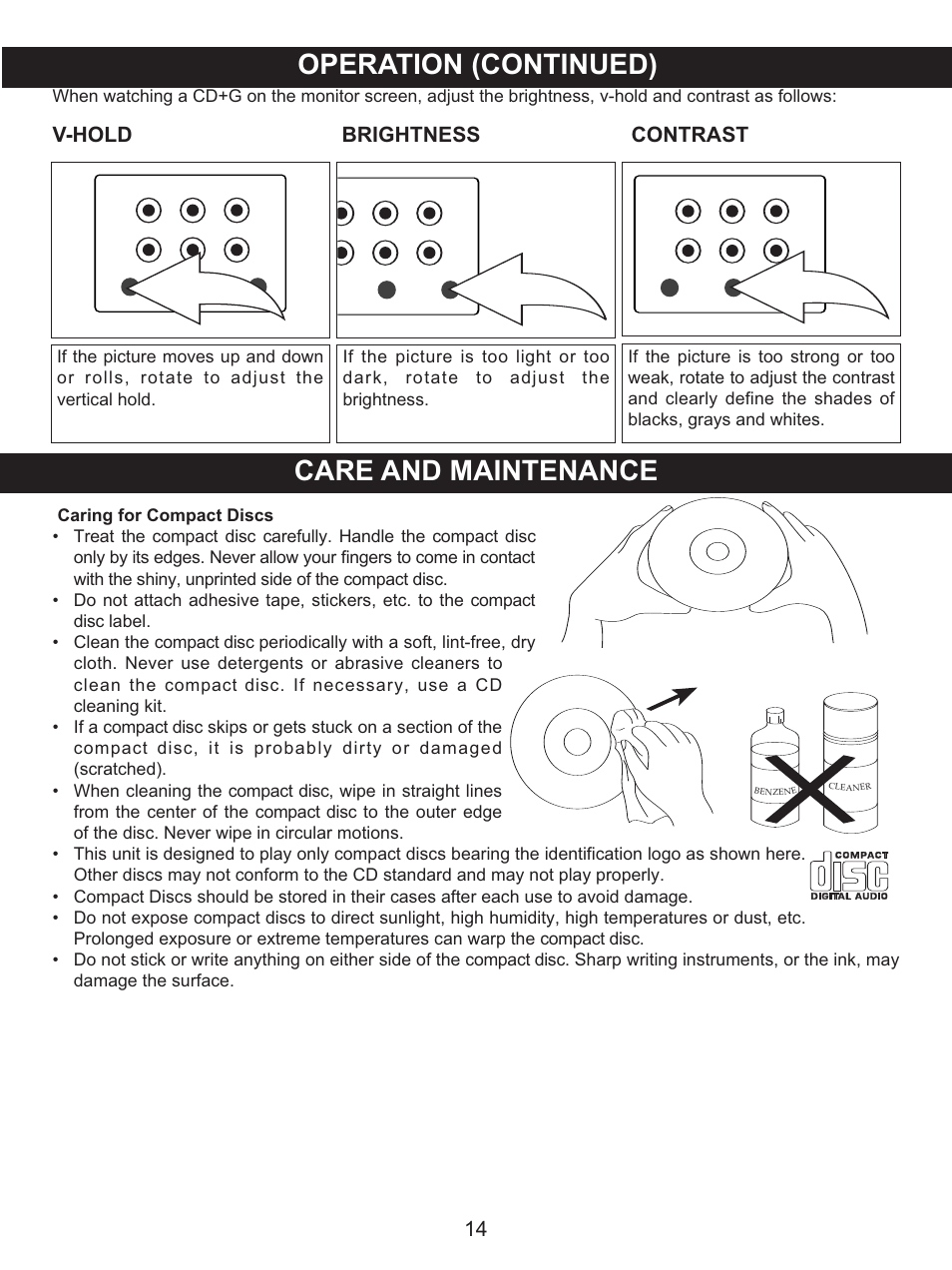 Operation (continued), Care and maintenance, 14 v-hold brightness contrast | Memorex MKS8506 User Manual | Page 15 / 18