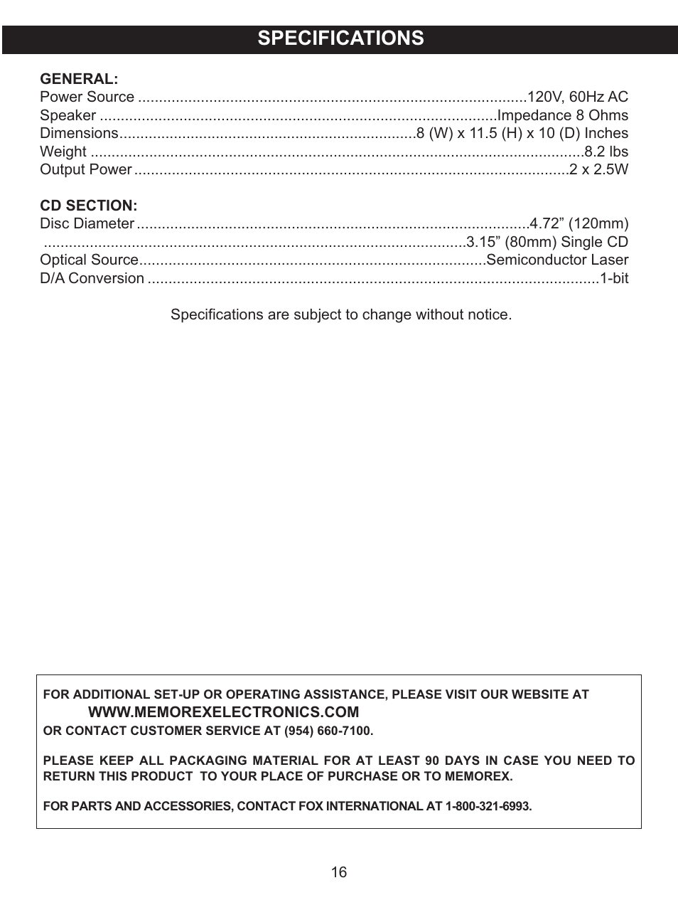 Specifications | Memorex MKS8506 User Manual | Page 17 / 18