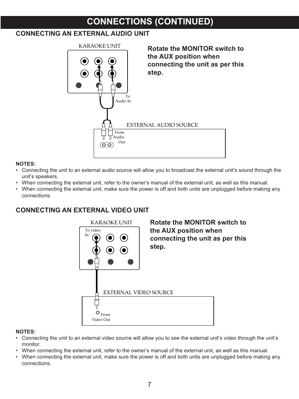 Connections (continued), Connecting an external audio unit, Connecting an external video unit | Memorex MKS8506 User Manual | Page 8 / 18