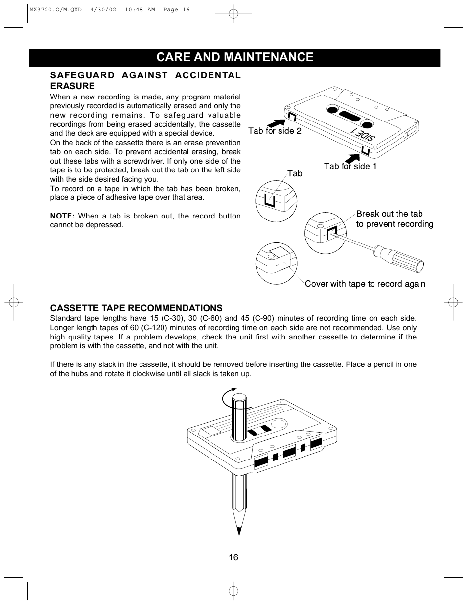 Care and maintenance, Side 1 | Memorex MX3720 User Manual | Page 17 / 21