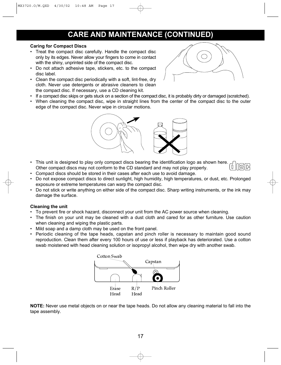 Care and maintenance (continued) | Memorex MX3720 User Manual | Page 18 / 21