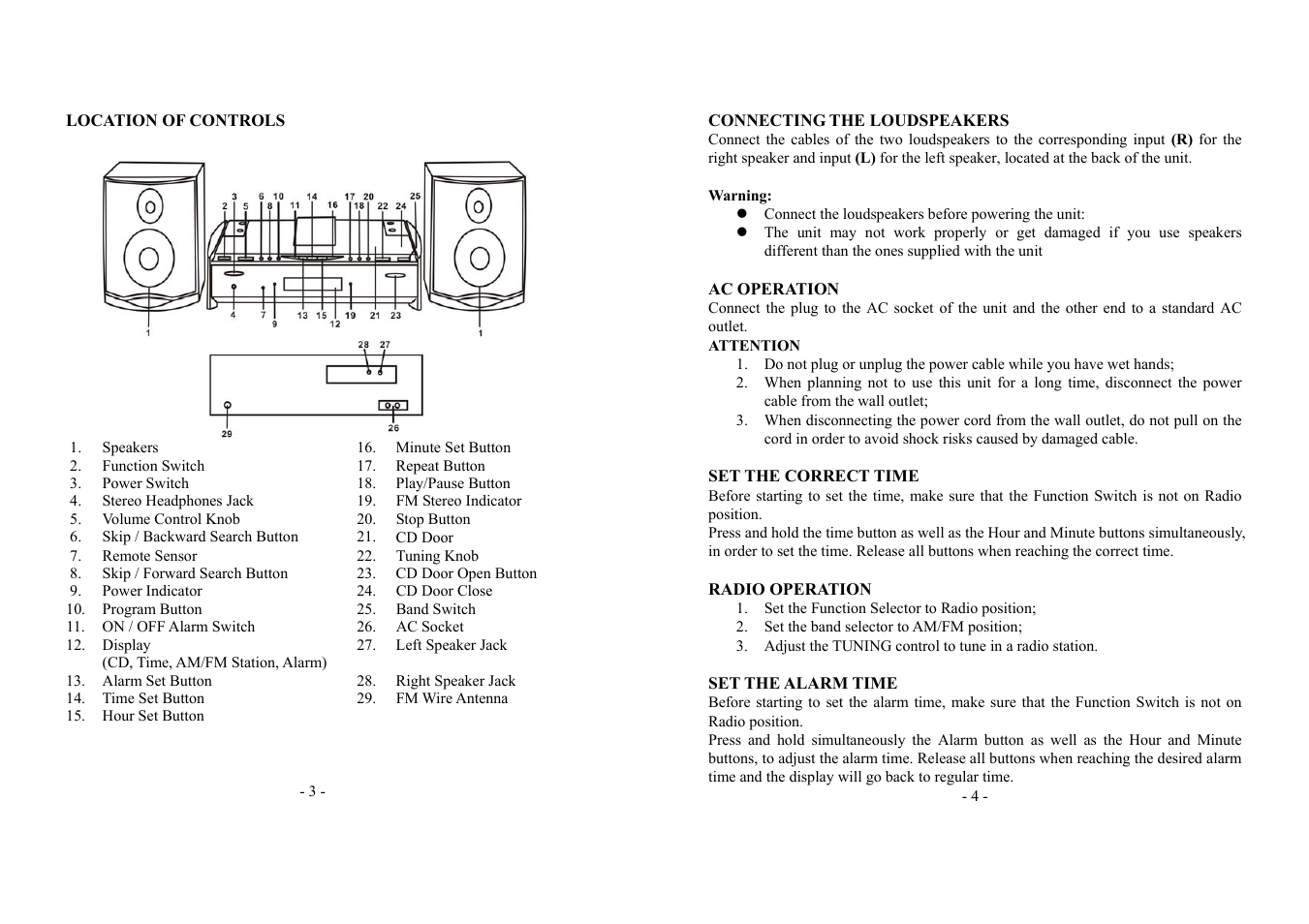 Connecting the loudspeakers, Attention, Set the correct time | Radio operation, Set the alarm time | Memorex MX9790 User Manual | Page 3 / 6
