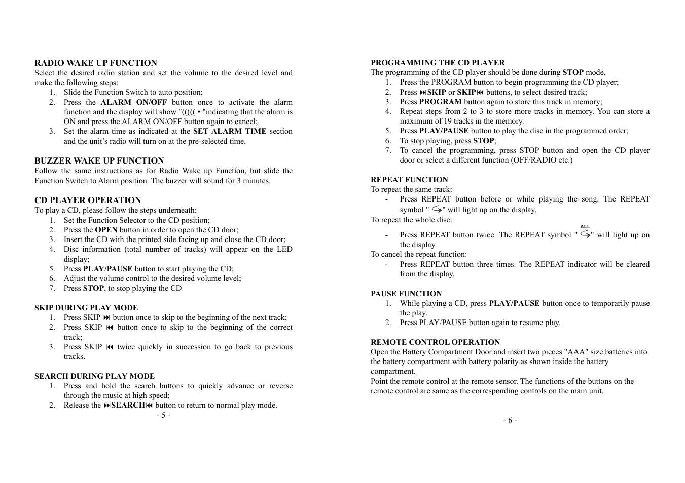 Radio wake up function, Buzzer wake up function, Cd player operation | Skip during play mode, Repeat function, Pause function | Memorex MX9790 User Manual | Page 4 / 6