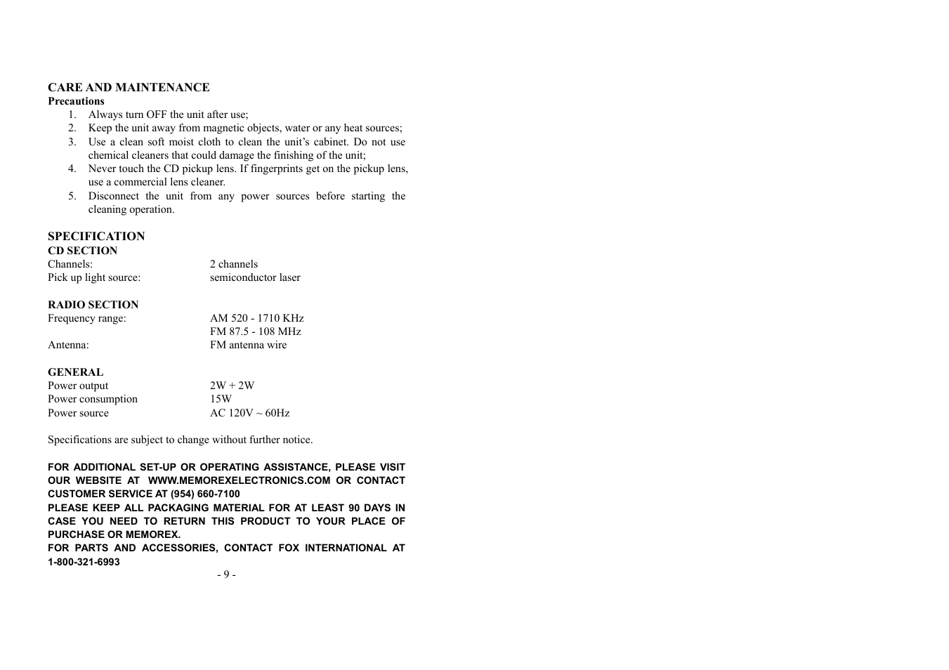 Care and maintenance, Precautions, Specification | Radio section | Memorex MX9790 User Manual | Page 6 / 6