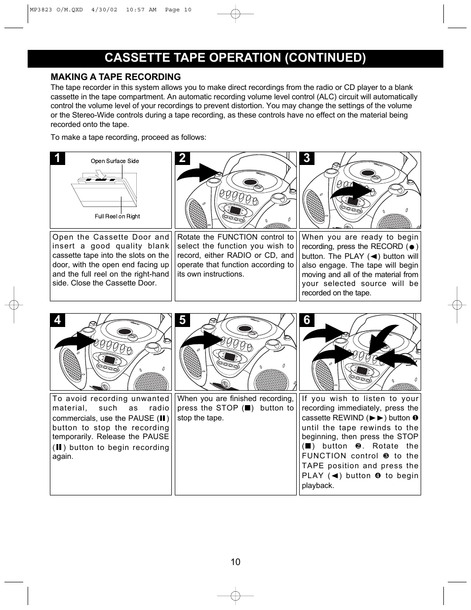 5cassette tape operation (continued) | Memorex MP3823 User Manual | Page 11 / 16