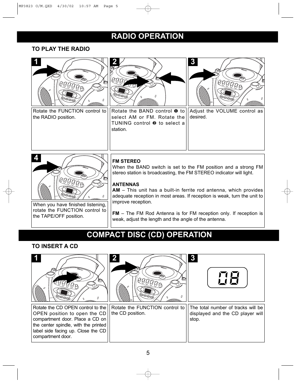 Radio operation, 2compact disc (cd) operation | Memorex MP3823 User Manual | Page 6 / 16