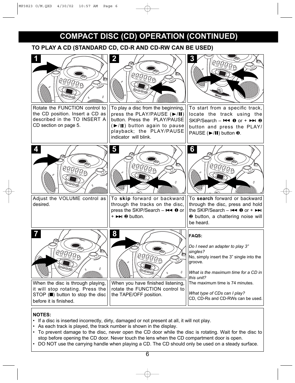 Compact disc (cd) operation (continued) | Memorex MP3823 User Manual | Page 7 / 16