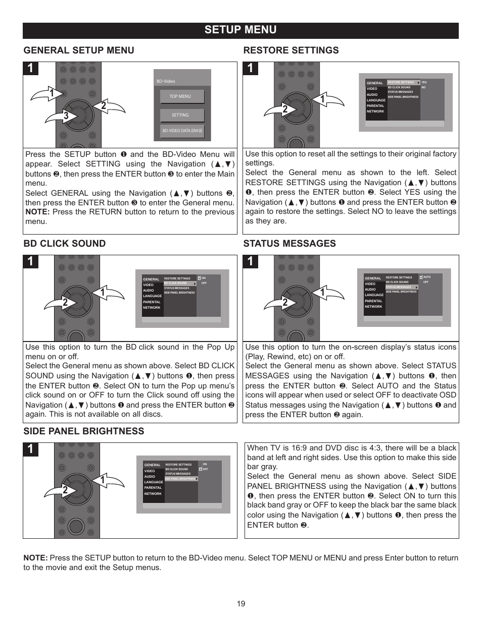 Setup menu, General setup menu restore settings, Bd click sound status messages | Side panel brightness | Memorex MVBD2520 User Manual | Page 20 / 47