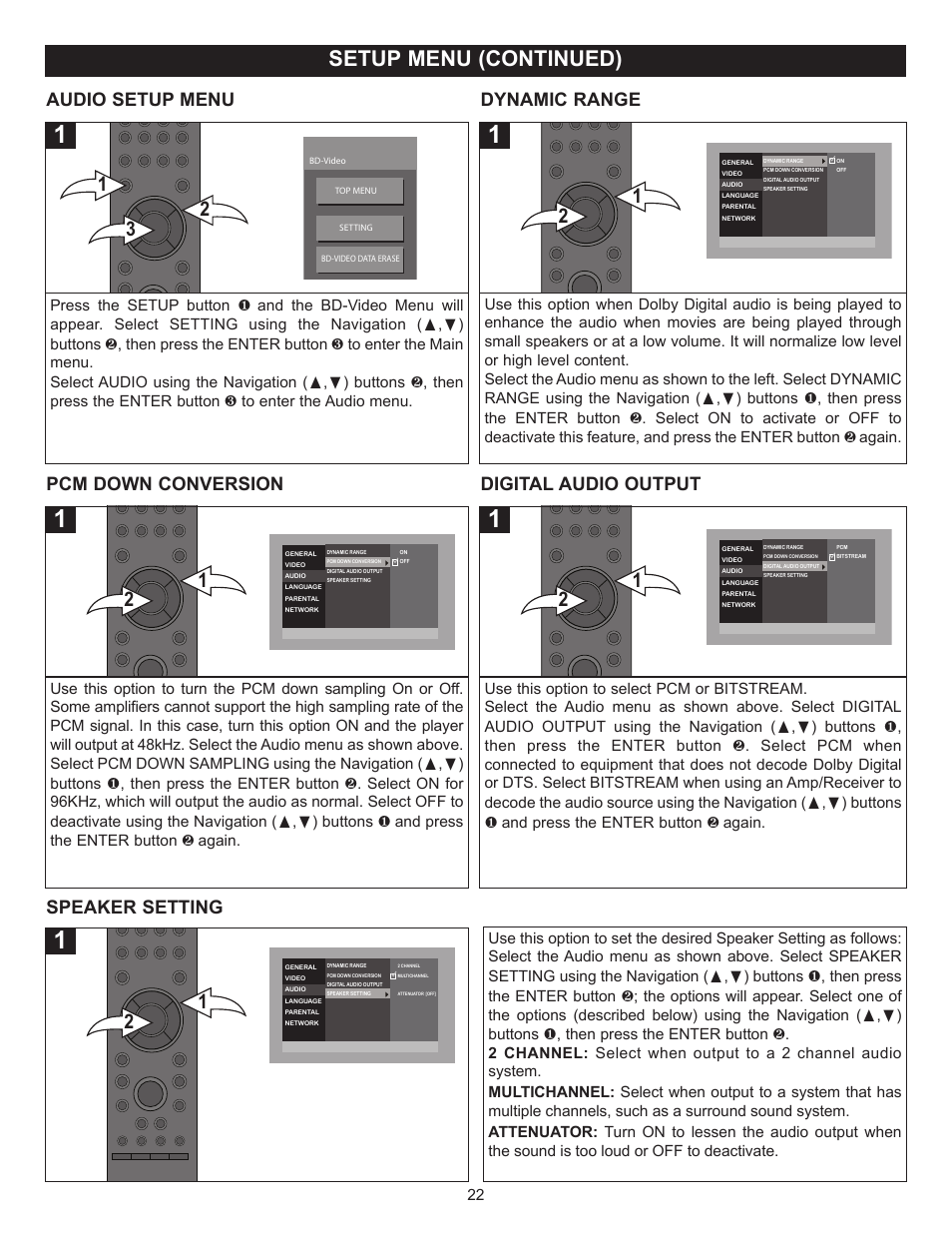 Setup menu (continued), Audio setup menu dynamic range, Pcm down conversion digital audio output | Speaker setting | Memorex MVBD2520 User Manual | Page 23 / 47