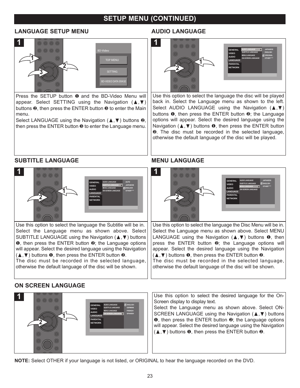 Setup menu (continued), Language setup menu audio language, Subtitle language menu language | On screen language | Memorex MVBD2520 User Manual | Page 24 / 47