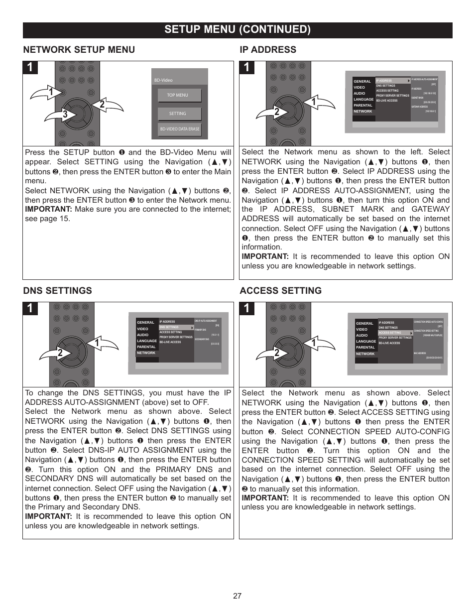 Setup menu (continued), Network setup menu ip address, Dns settings access setting | Memorex MVBD2520 User Manual | Page 28 / 47