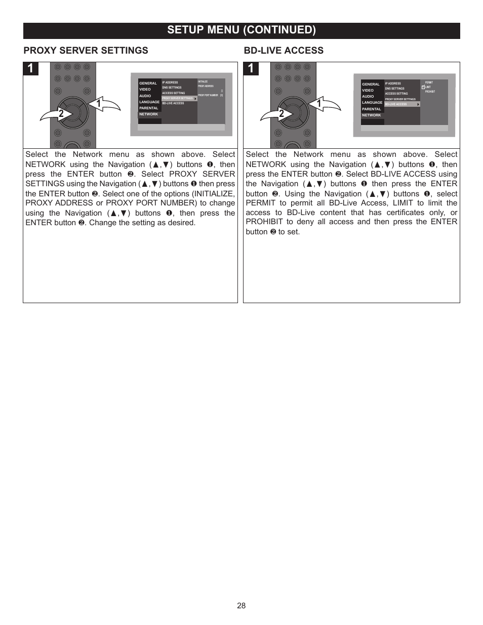 Setup menu (continued), Proxy server settings bd-live access | Memorex MVBD2520 User Manual | Page 29 / 47