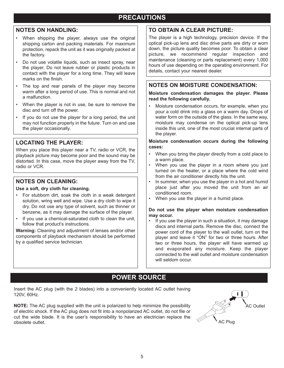 Precautions power source | Memorex MVBD2520 User Manual | Page 6 / 47