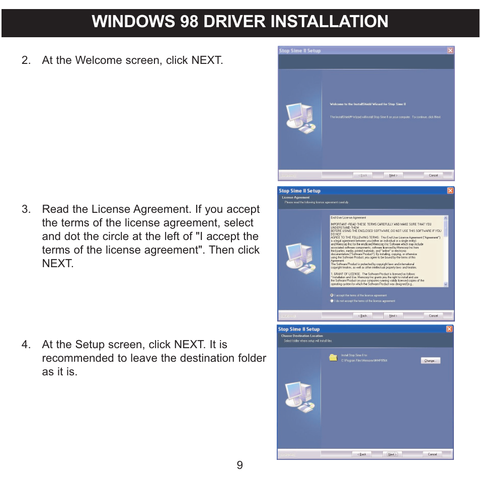 Windows 98 driver installation | Memorex 8564 User Manual | Page 10 / 42