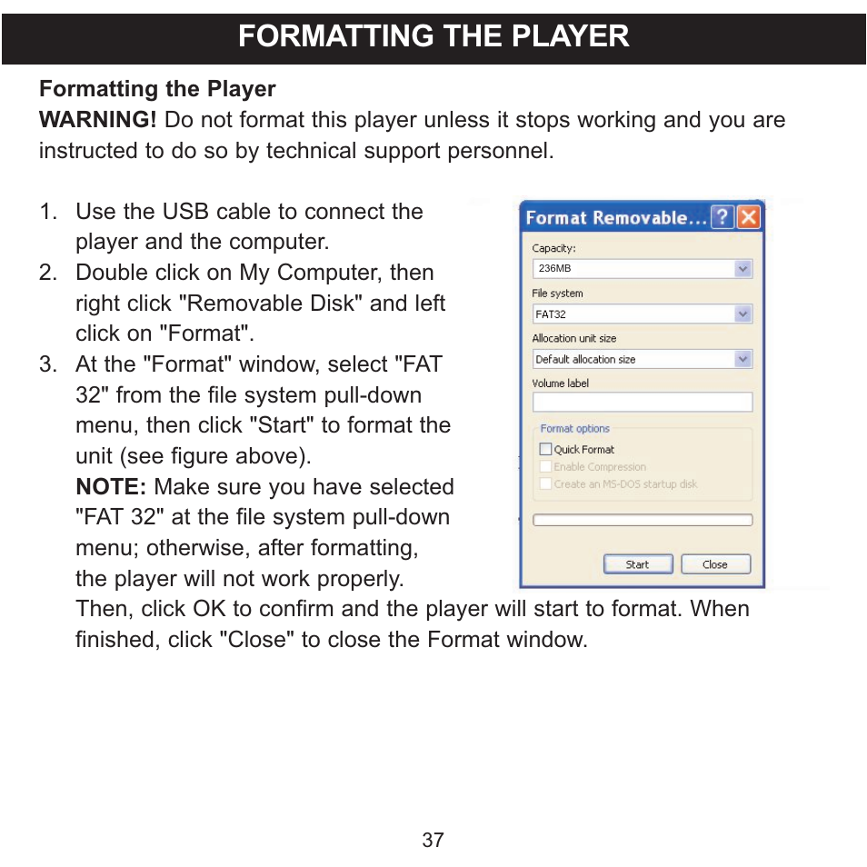 Formatting the player | Memorex 8564 User Manual | Page 38 / 42