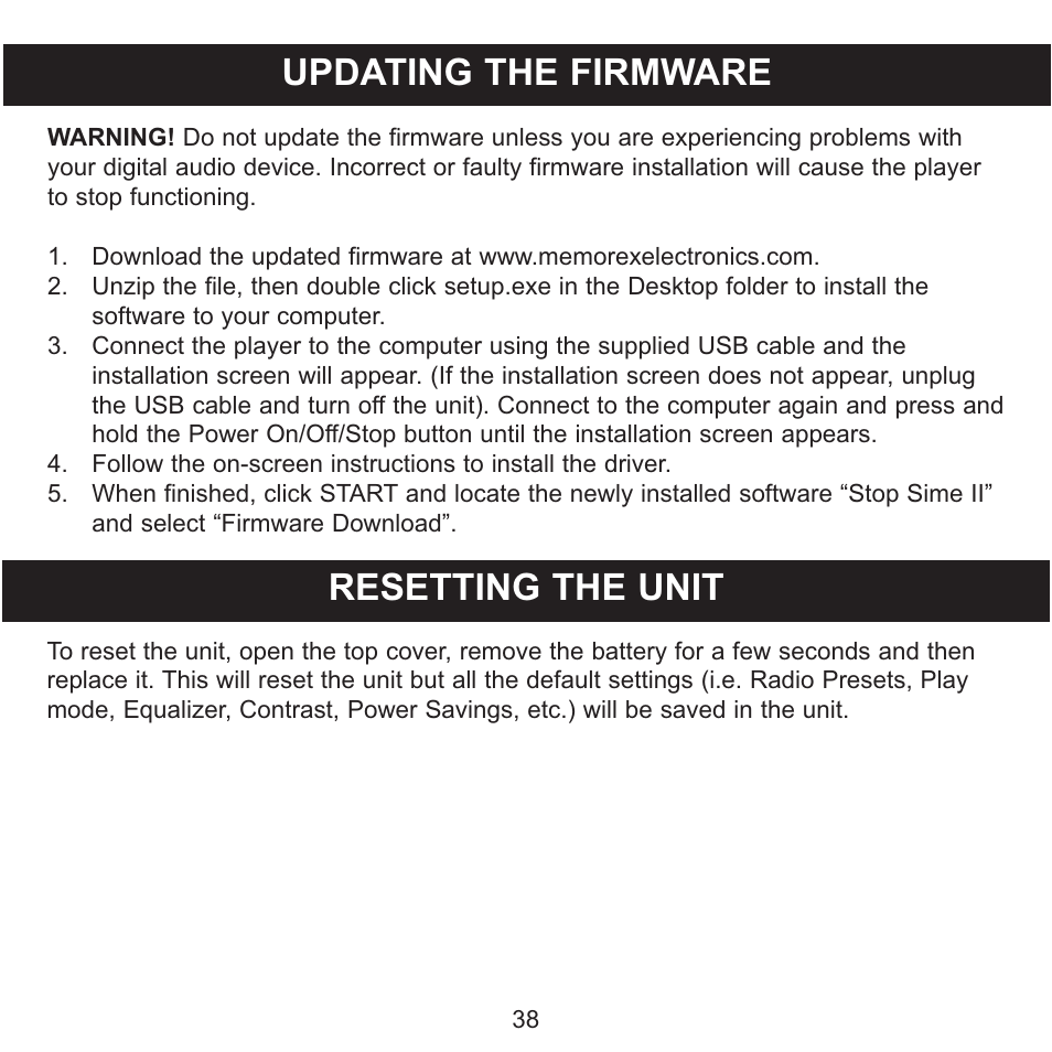 Updating the firmware, Resetting the unit | Memorex 8564 User Manual | Page 39 / 42