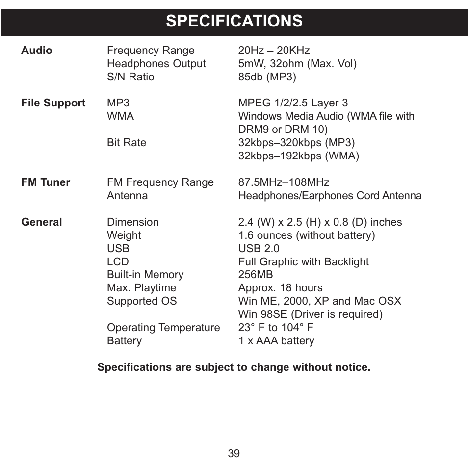 Specifications | Memorex 8564 User Manual | Page 40 / 42