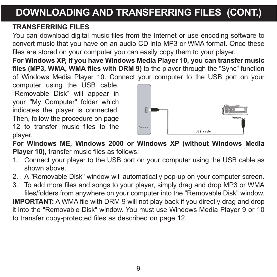 Downloading and transferring files (cont.) | Memorex MMP3780 User Manual | Page 10 / 74