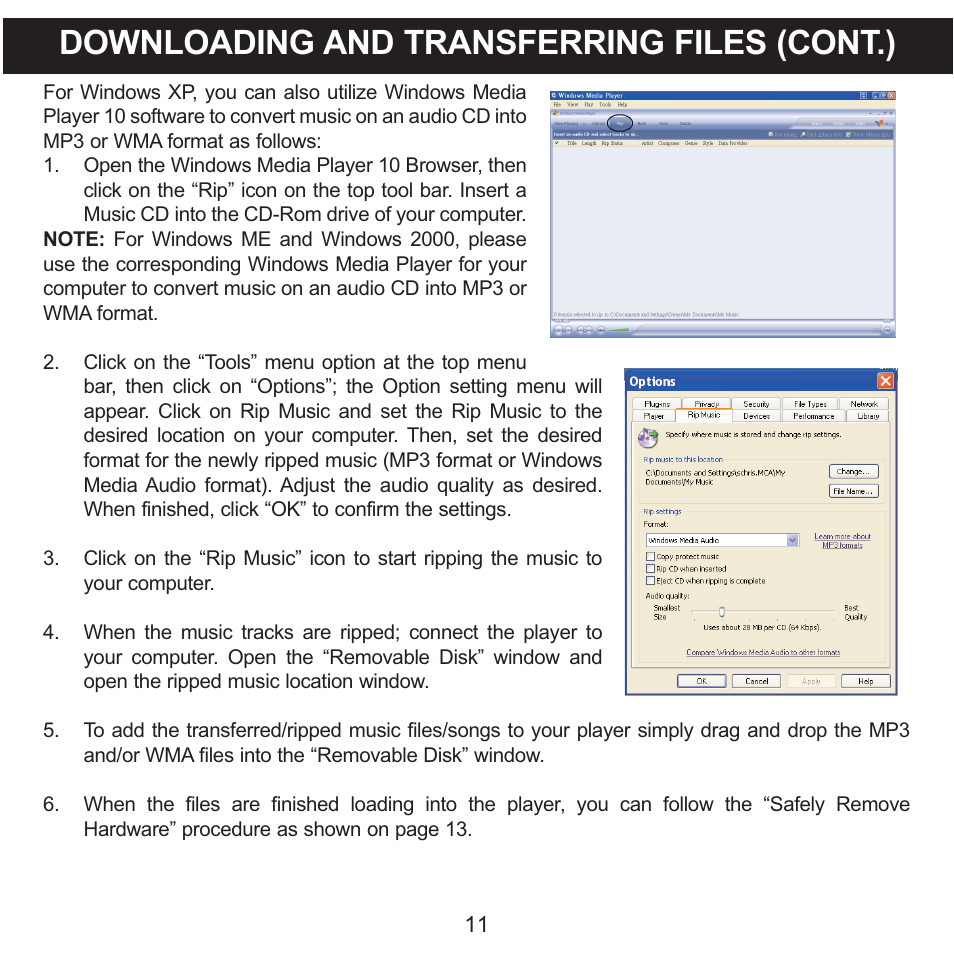 Downloading and transferring files (cont.) | Memorex MMP3780 User Manual | Page 12 / 74