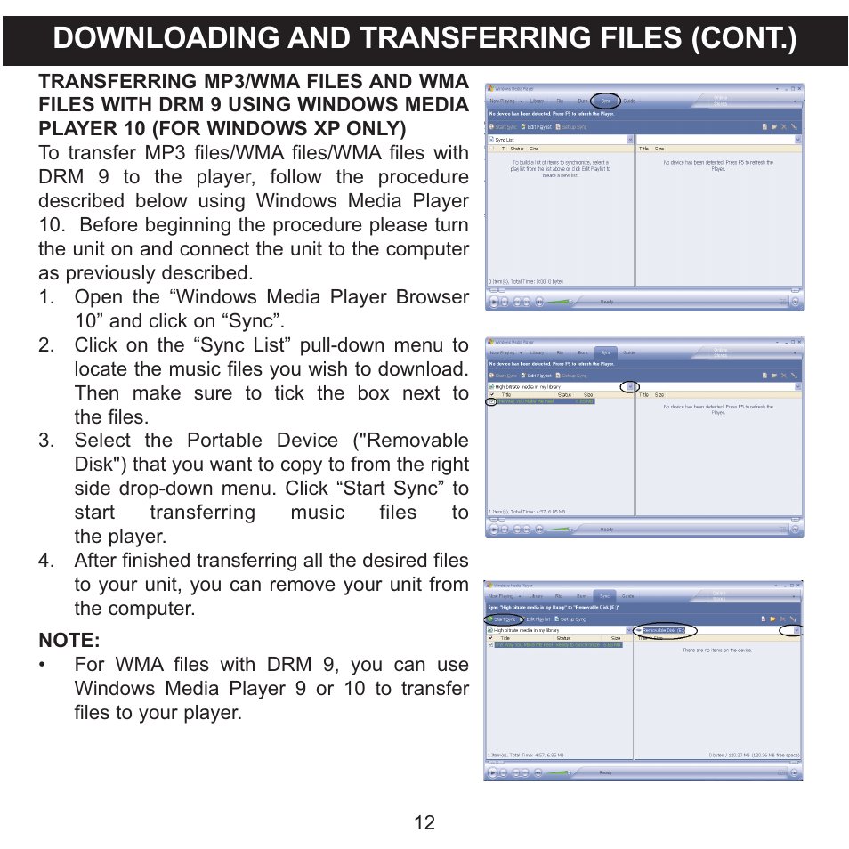 Downloading and transferring files (cont.) | Memorex MMP3780 User Manual | Page 13 / 74