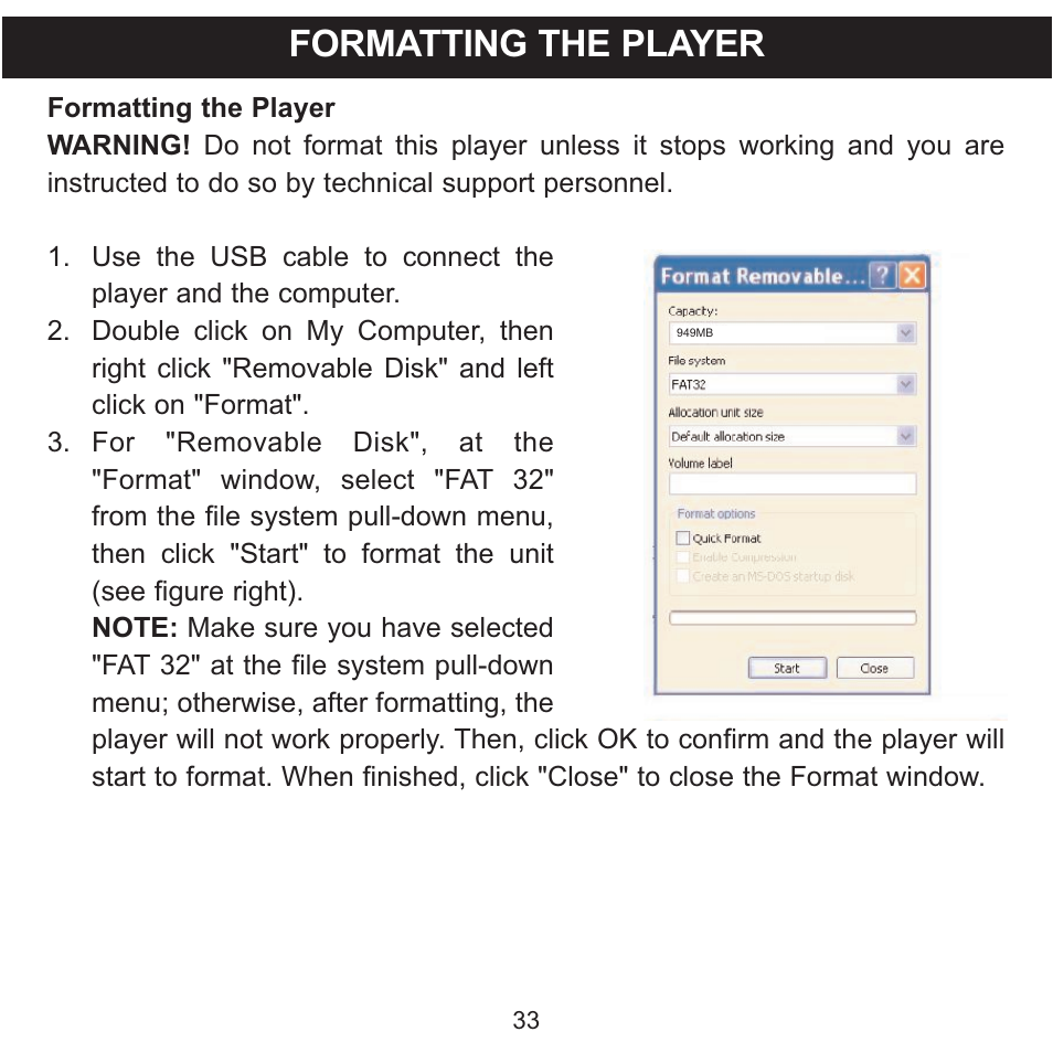 Formatting the player | Memorex MMP3780 User Manual | Page 34 / 74