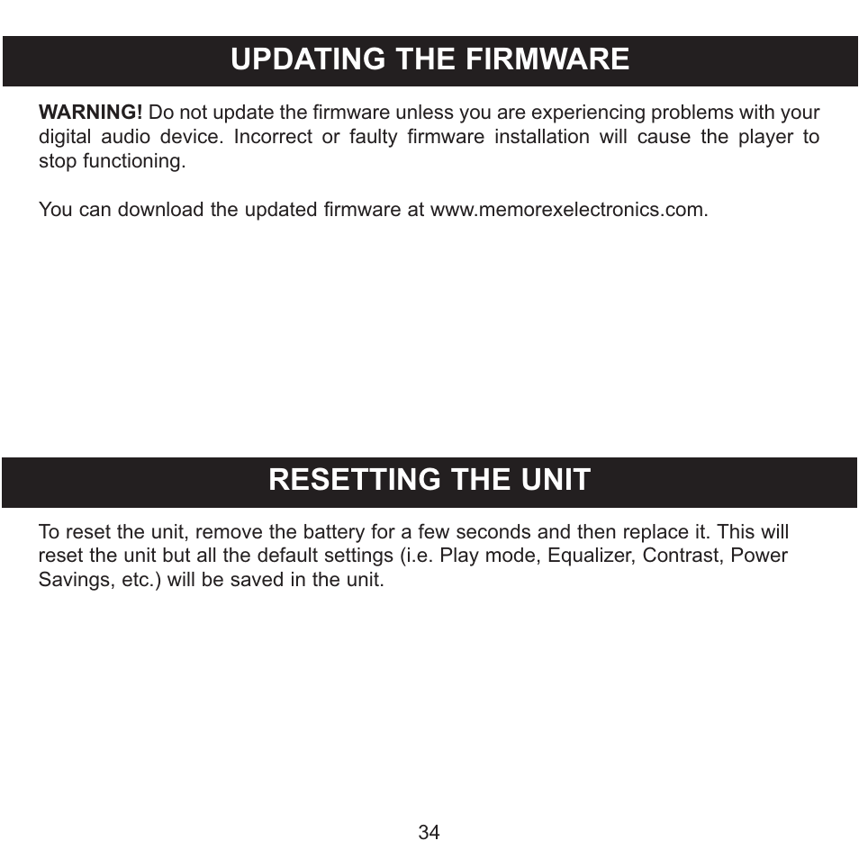 Updating the firmware, Resetting the unit | Memorex MMP3780 User Manual | Page 35 / 74