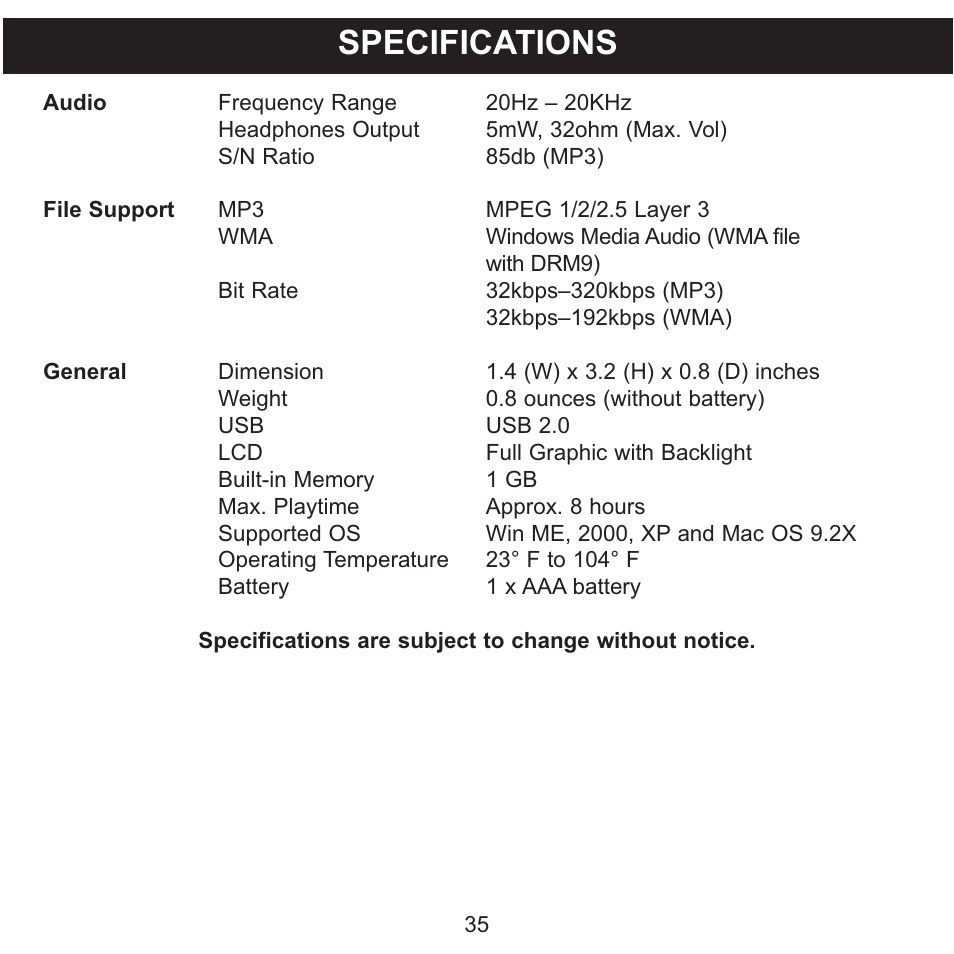 Specifications | Memorex MMP3780 User Manual | Page 36 / 74