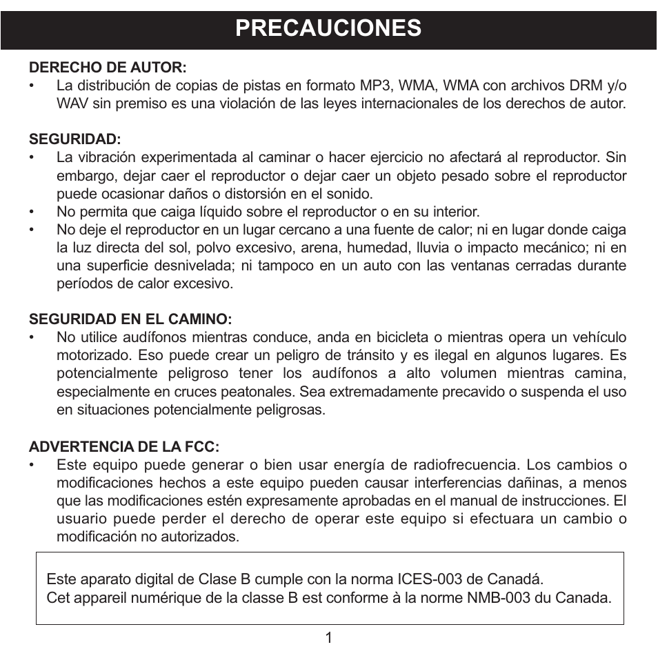 Precauciones | Memorex MMP3780 User Manual | Page 38 / 74