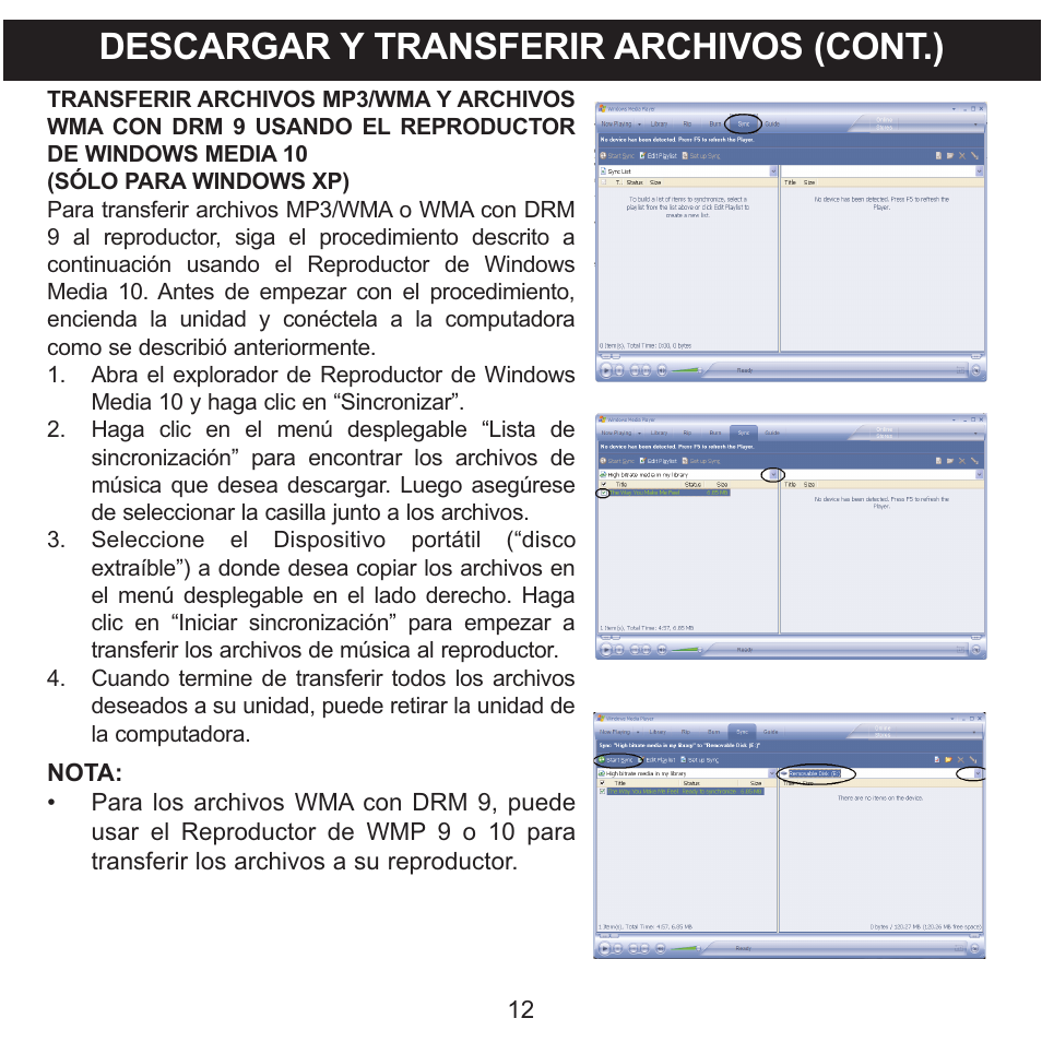 Descargar y transferir archivos (cont.) | Memorex MMP3780 User Manual | Page 49 / 74