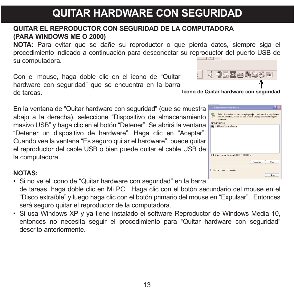 Quitar hardware con seguridad | Memorex MMP3780 User Manual | Page 50 / 74