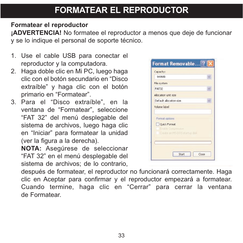 Formatear el reproductor | Memorex MMP3780 User Manual | Page 70 / 74