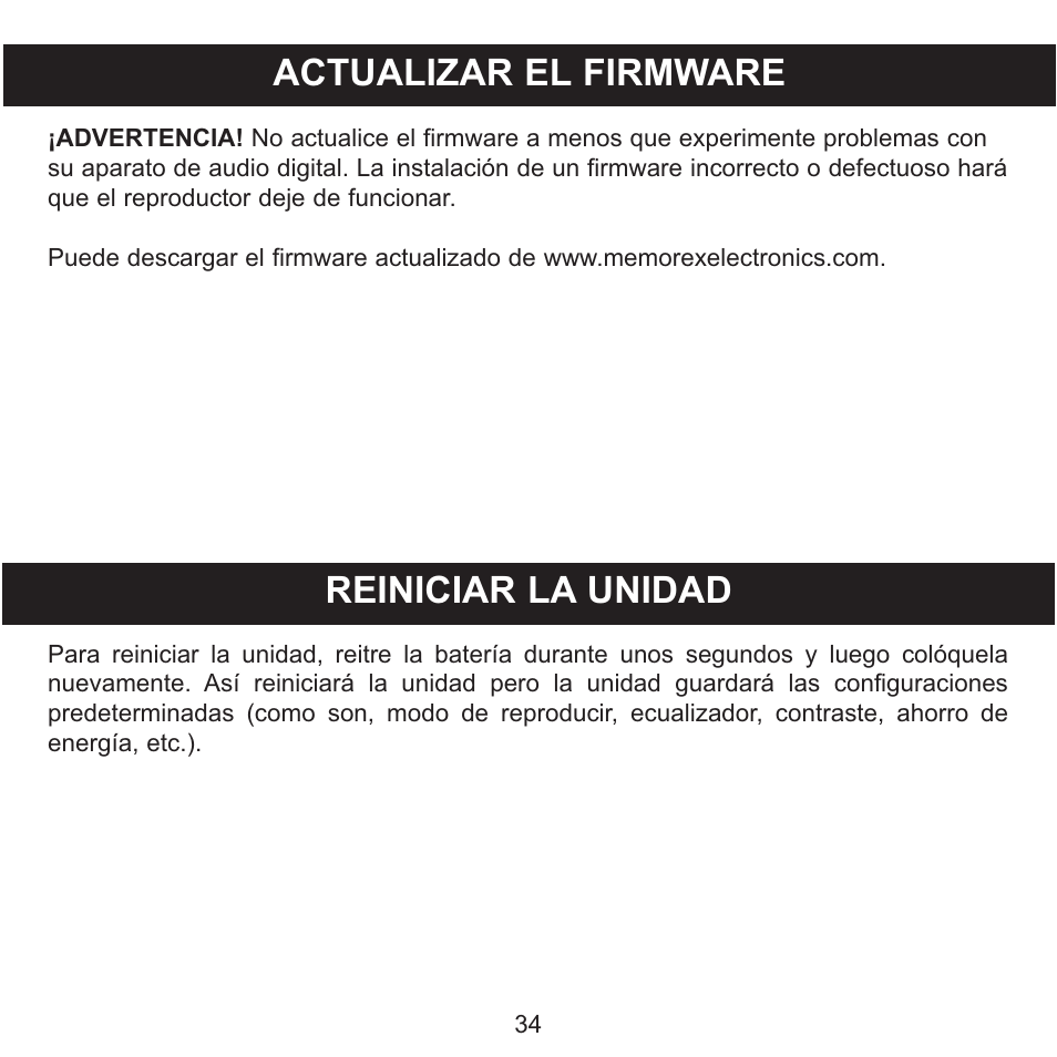 Actualizar el firmware, Reiniciar la unidad | Memorex MMP3780 User Manual | Page 71 / 74