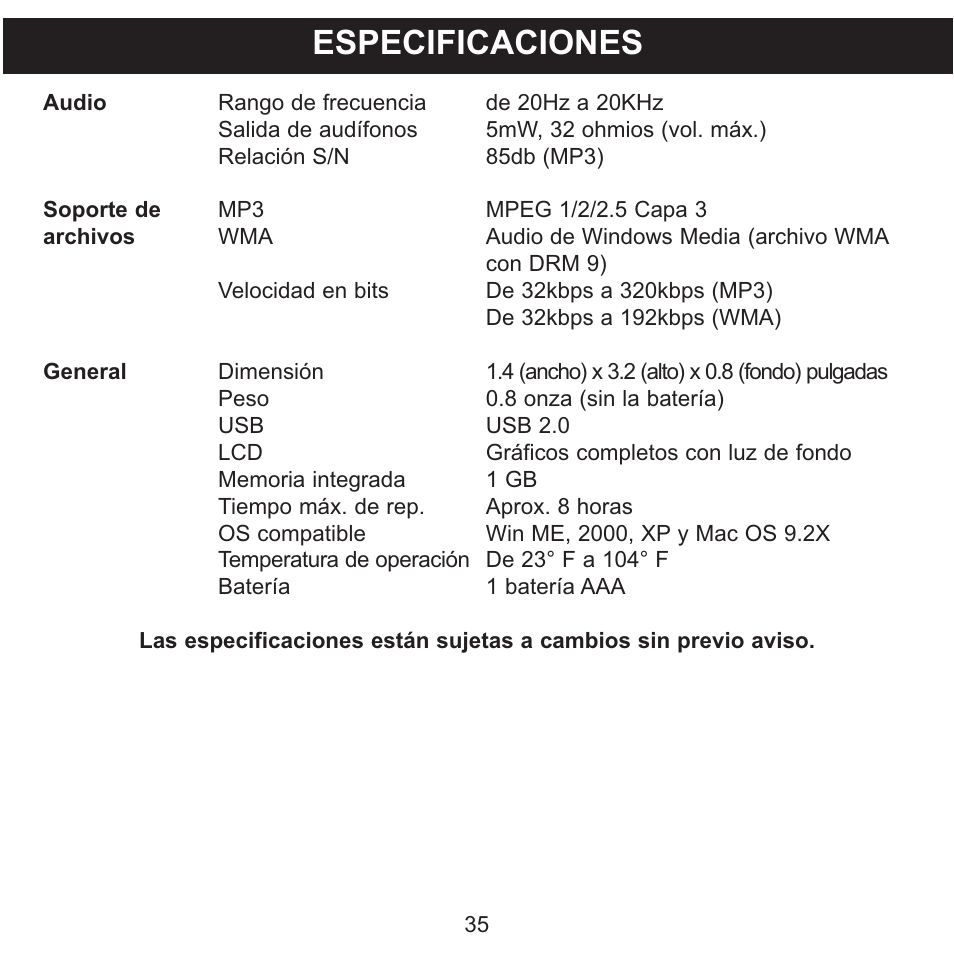 Especificaciones | Memorex MMP3780 User Manual | Page 72 / 74