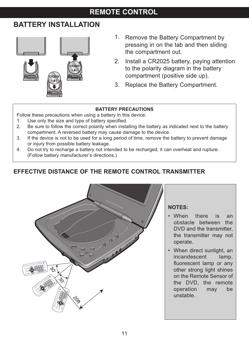 Remote control battery installation | Memorex MVDP1077 User Manual | Page 12 / 41