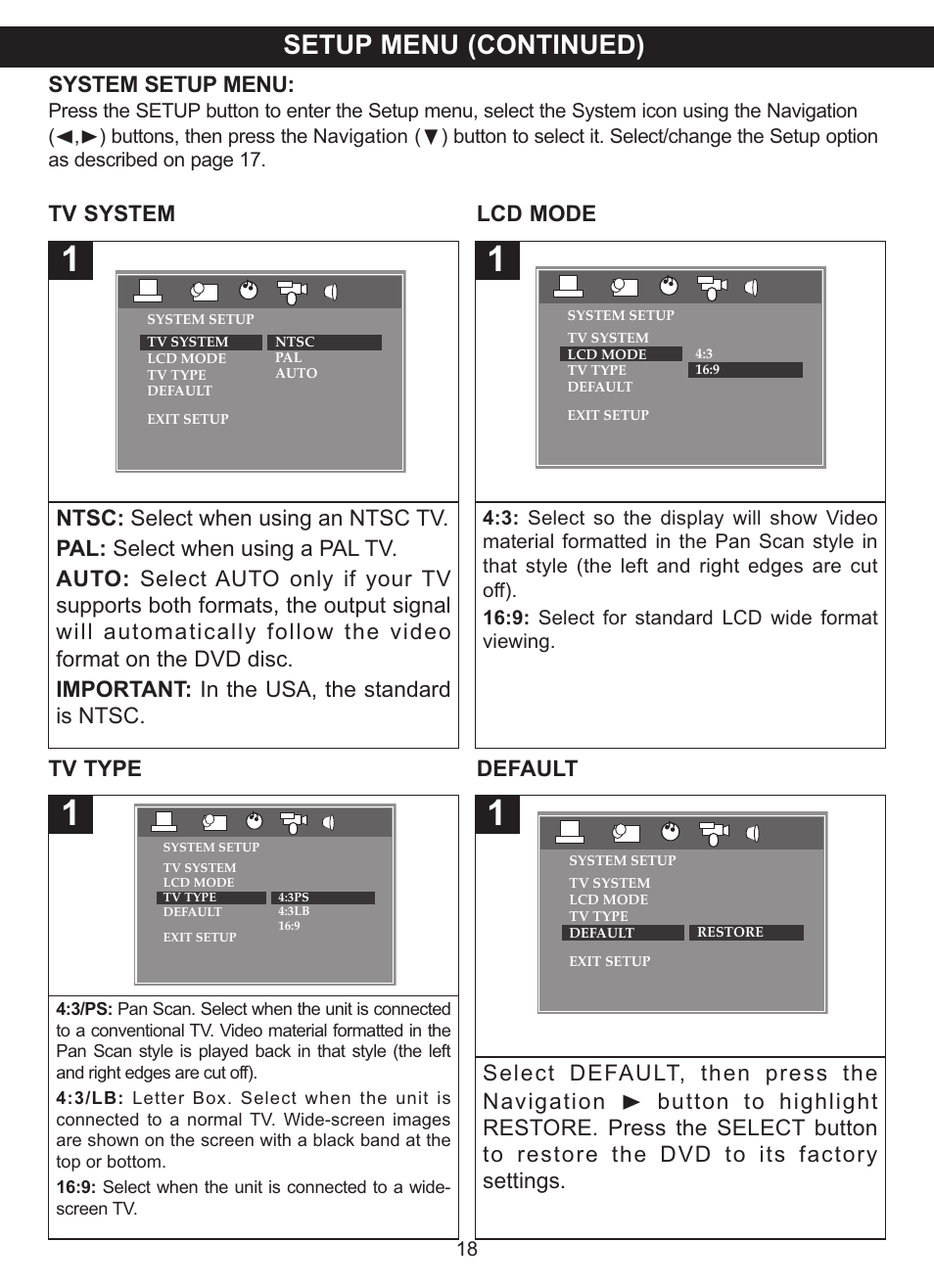 Setup menu (continued), System setup menu, Tv system lcd mode | Tv type default | Memorex MVDP1077 User Manual | Page 19 / 41