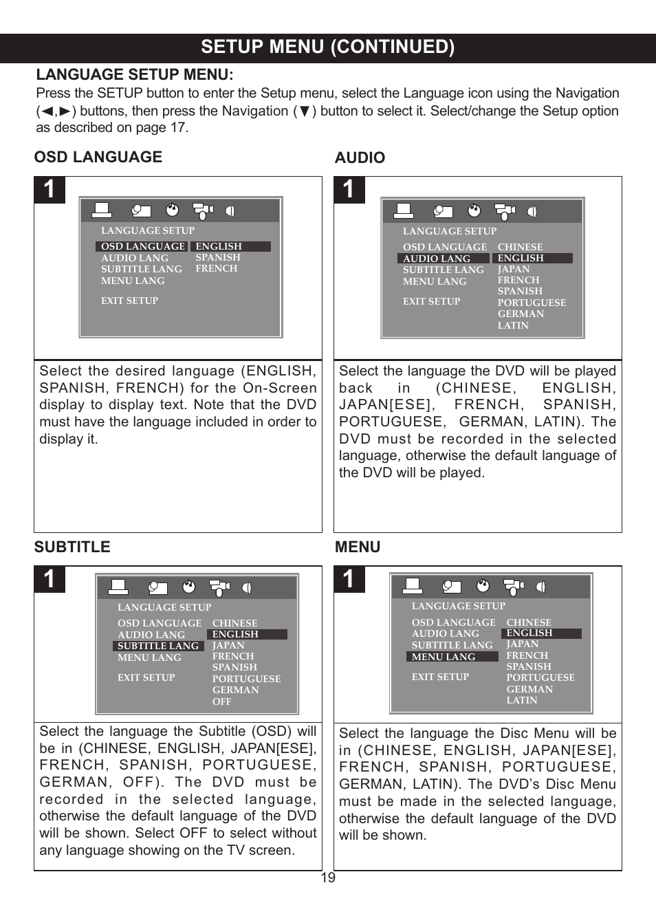 Setup menu (continued), Language setup menu, Osd language audio | Subtitle menu | Memorex MVDP1077 User Manual | Page 20 / 41