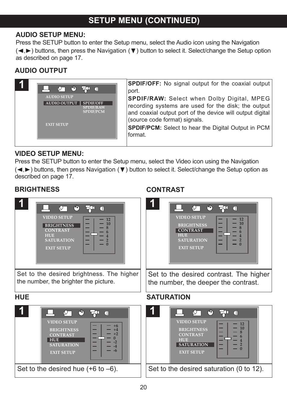 Setup menu (continued), Audio setup menu, Audio output video setup menu | Set to the desired saturation (0 to 12), Hue saturation | Memorex MVDP1077 User Manual | Page 21 / 41