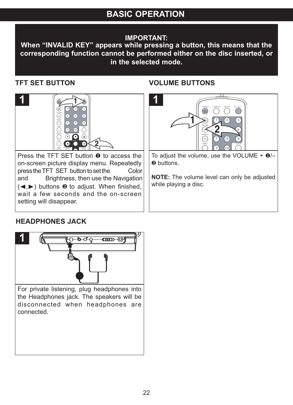Basic operation, Tft set button, Volume buttons | Headphones jack | Memorex MVDP1077 User Manual | Page 23 / 41