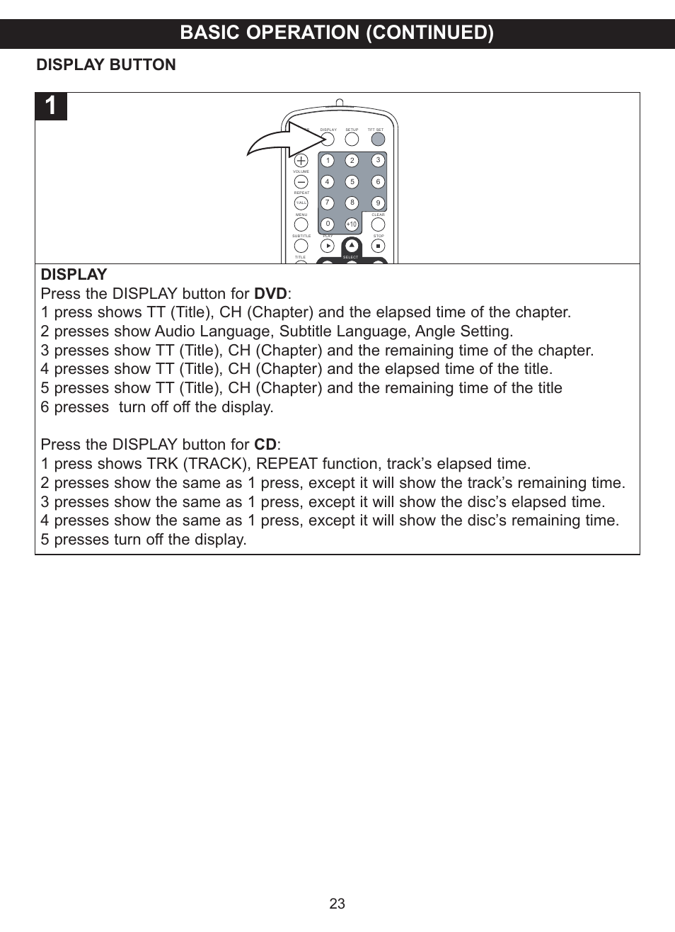 Basic operation (continued), Display button | Memorex MVDP1077 User Manual | Page 24 / 41