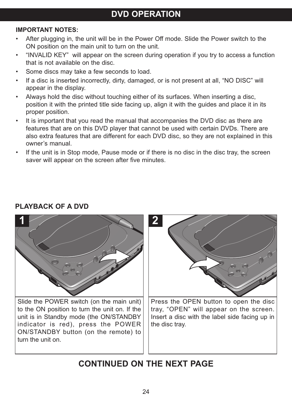 Dvd operation, Continued on the next page | Memorex MVDP1077 User Manual | Page 25 / 41