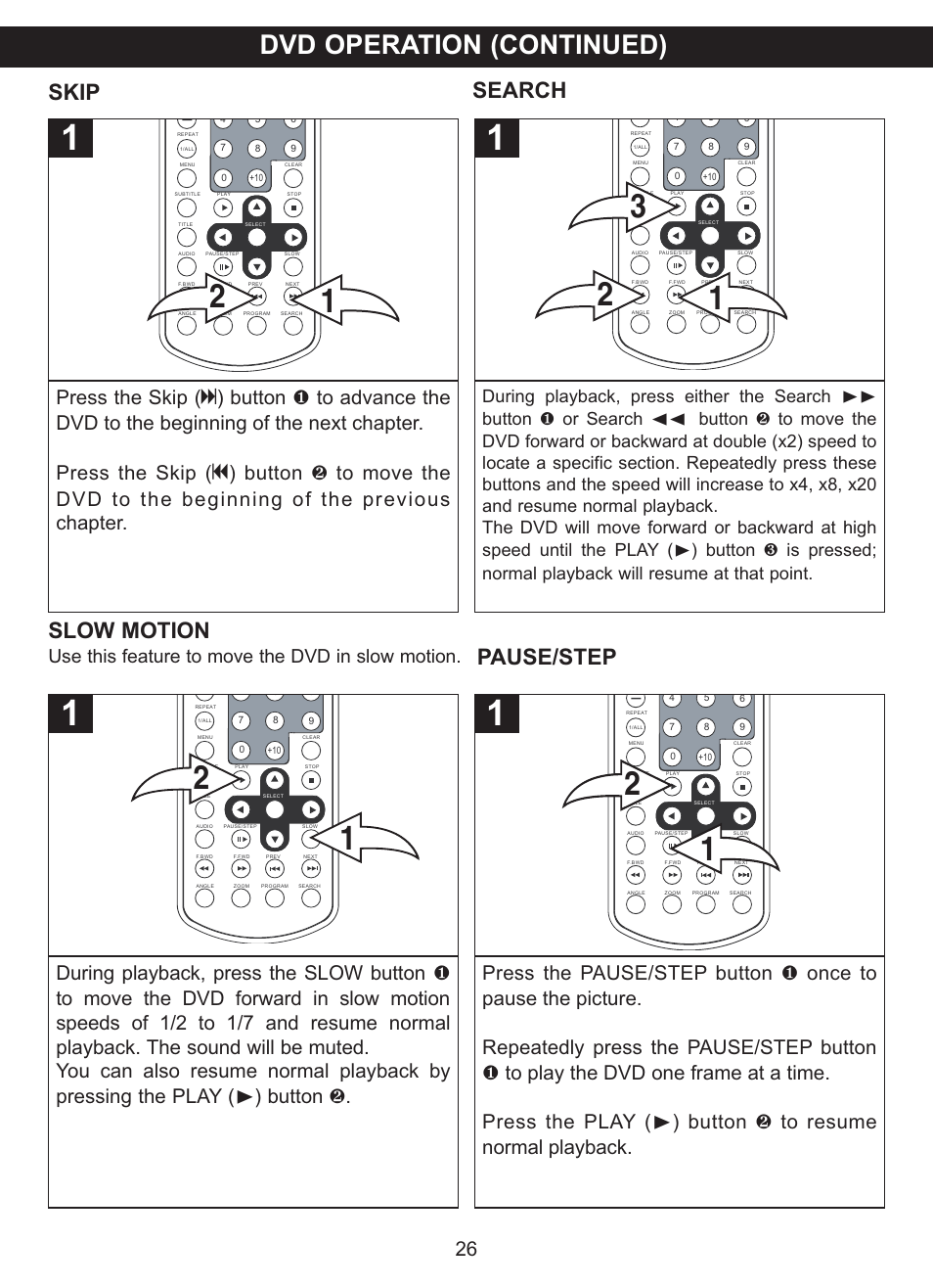 Dvd operation (continued), Skip search, Slow motion | Pause/step, Use this feature to move the dvd in slow motion | Memorex MVDP1077 User Manual | Page 27 / 41